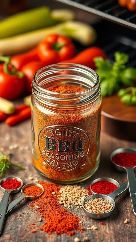 A jar of BBQ seasoning blend with measuring spoons and fresh herbs on a wooden table.